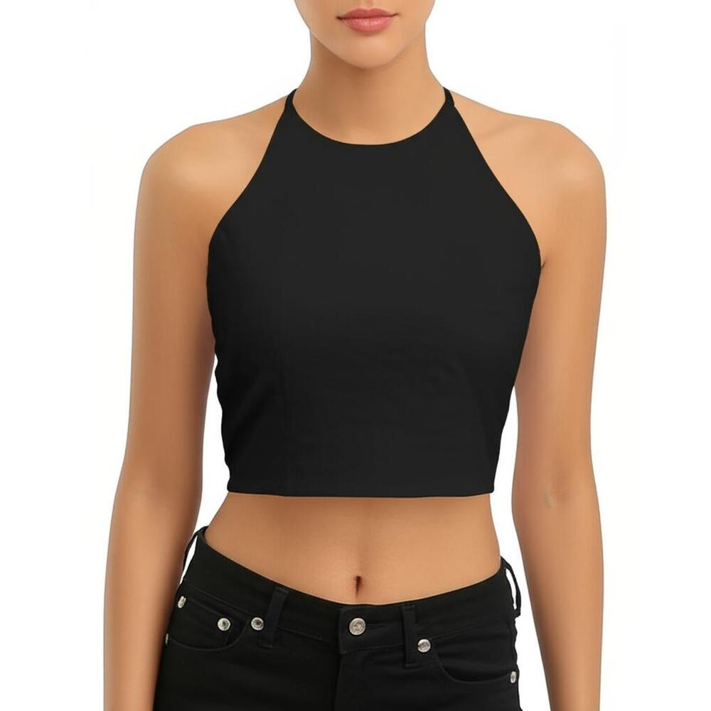 Bebe Black Chic Casual Bohemian Linen Halter Crop Top Womens 4